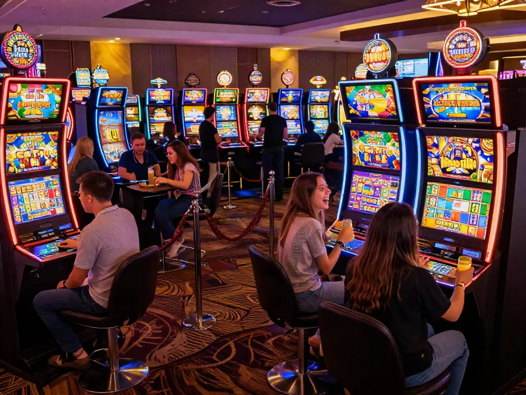 Friends enjoying various slot game machines in a lively casino environment.