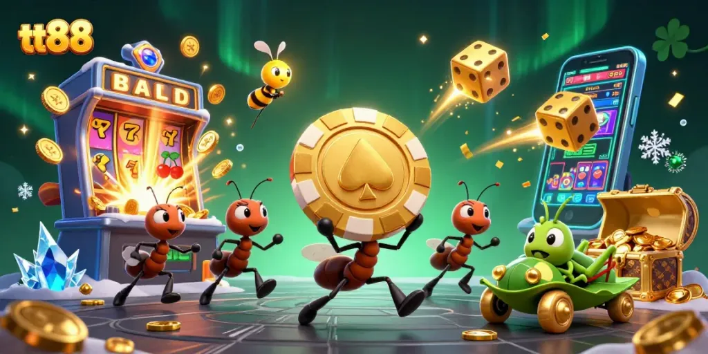 Experience tt88's thrilling heist adventure with cartoon ants and explosive jackpots in a vibrant 3D casino world.