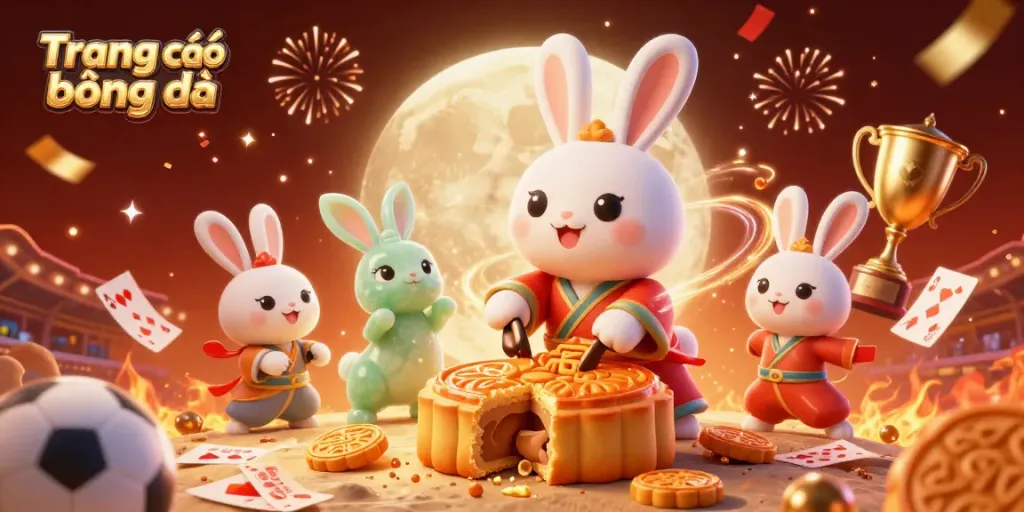Experience the thrill of sports betting with Trang cá độ bóng đá as moon rabbits celebrate wins in a vibrant scene.