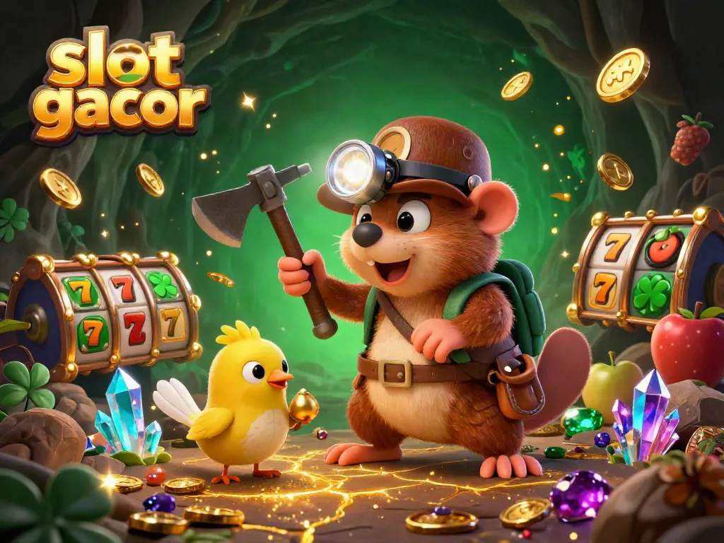 Engaging illustration of slot gacor featuring a treasure hunter mole in a vibrant mining cave.