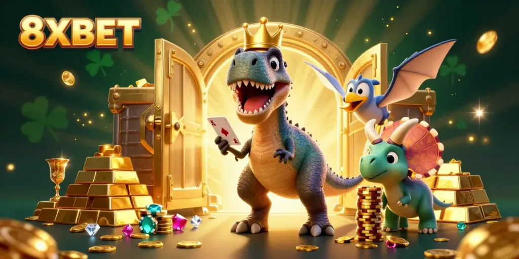 Experience exciting gaming moments with 8XBET as a T-Rex and friends enjoy poker in a rich casino setting.