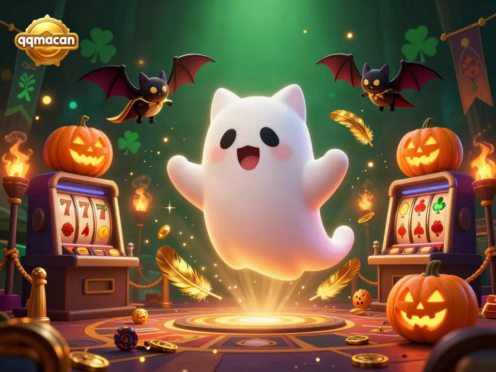 Experience the mesmerizing energy of qqmacan in a haunted casino with a friendly ghost cat, vampire bat, and glowing jack-o-lanterns.