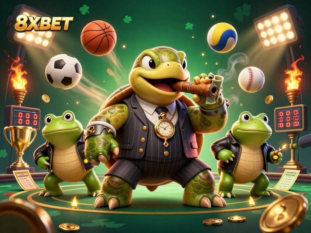 Engage in thrilling gaming at 8XBET with dynamic casino action featuring a turtle mobster.