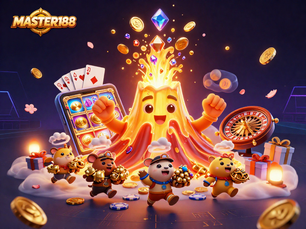Engage with the MASTER188 golden volcano erupting coins and treasures in a vibrant casino illustration.