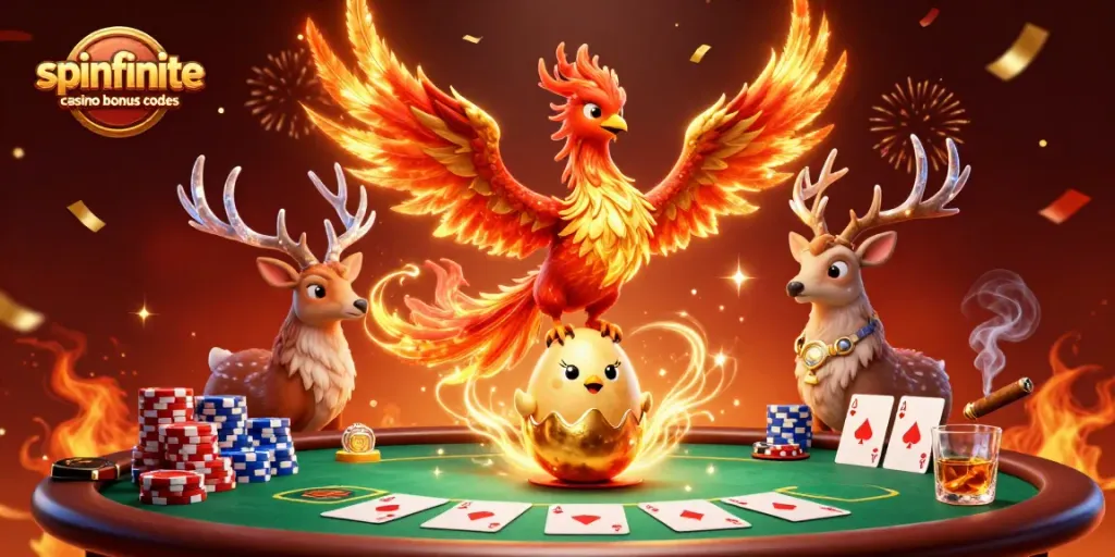 Experience thrilling gameplay with Spinfinite Casino bonus codes featuring vibrant phoenixes and poker elements.