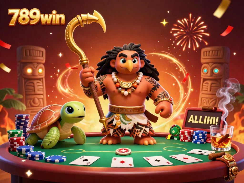 Engage with the thrilling world of 789win as a Polynesian demigod and turtle sidekick dominate a lively casino scene filled with poker excitement.
