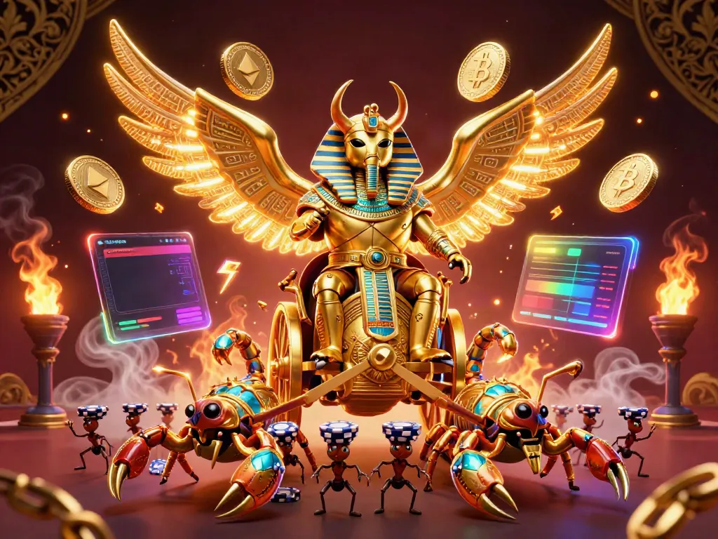 Kubet interactive gaming scene featuring a golden beetle chariot, scorpions, and poker chips amid glowing crypto elements.