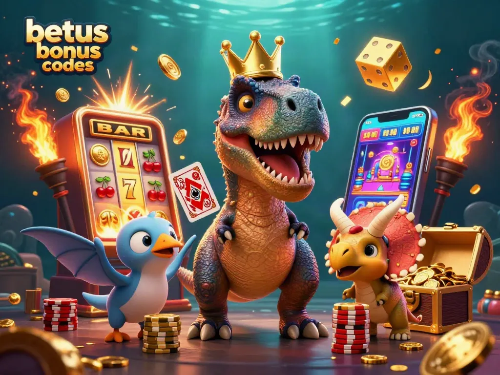 Discover exciting betus bonus codes while T-Rex shuffles cards and triceratops stacks chips.