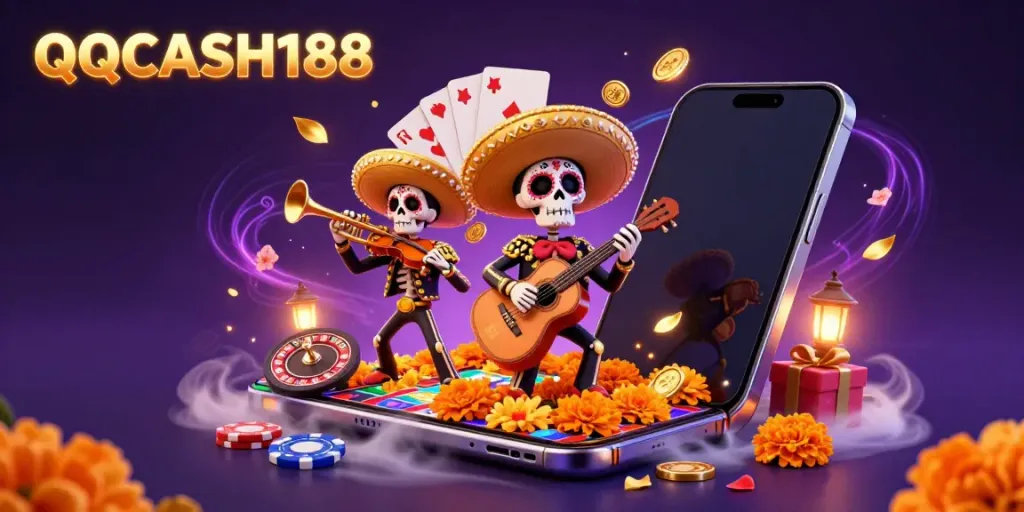 Experience thrilling gameplay with QQCASH188's vibrant skeleton mariachi band amid dynamic casino elements.