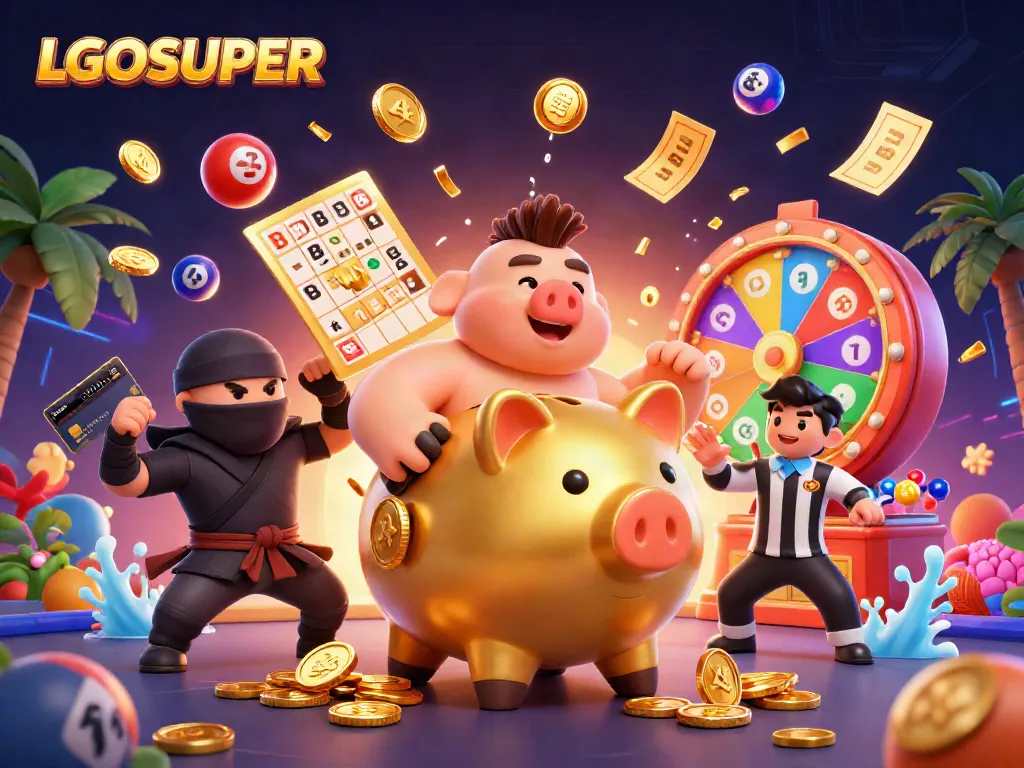 Join the exciting action with LGOSUPER featuring a golden piggy bank sumo wrestler, a wallet-ninja, and a credit-card samurai in a vibrant gaming scene.