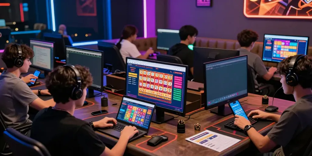 Players enjoying toto togel games in a vibrant online gambling setting with modern tech.