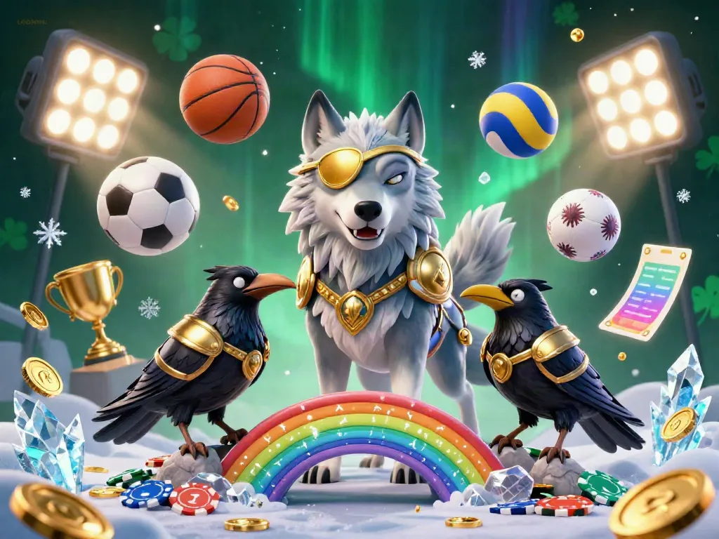 Experience the excitement of LGOGOAL with a Norse wolf amid flying sports elements and glowing treasures.