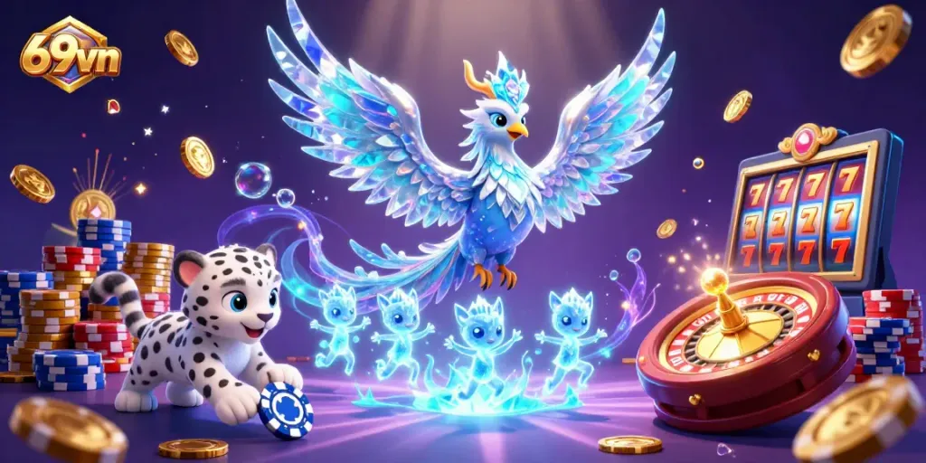 Engage in thrilling gambling with 69vn, featuring a stunning 3D illustration of a magical casino scene.
