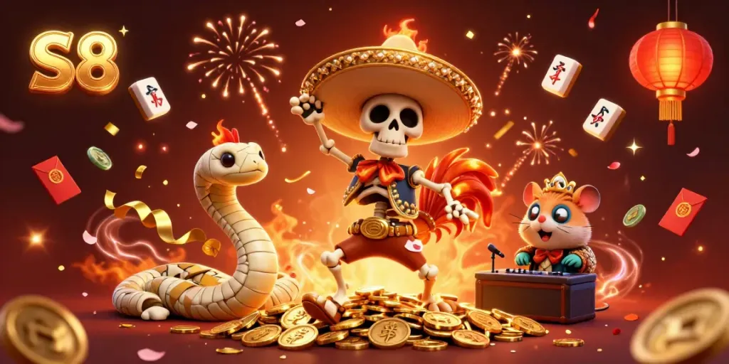 Experience the vibrant S8 casino scene featuring colorful characters and gambling elements in a festive atmosphere.