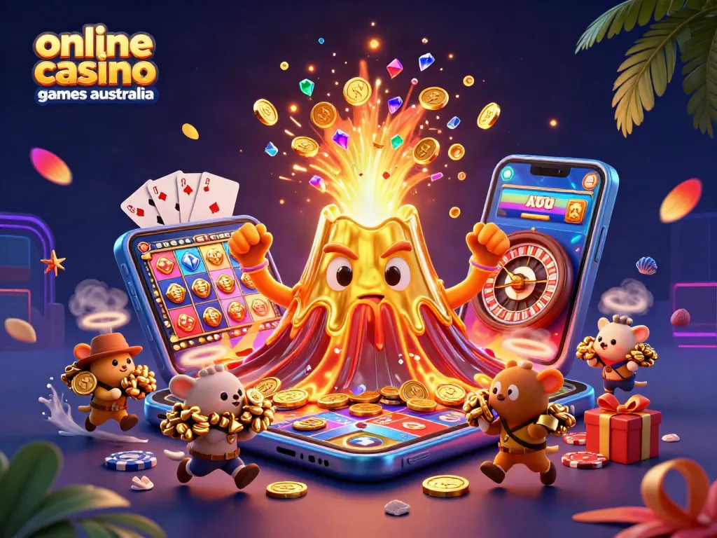 Experience vibrant online casino games Australia with a thrilling 3D illustration of a golden volcano erupting coins and treasures.