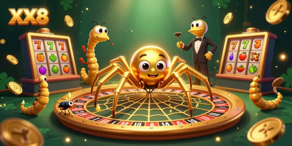 Experience thrilling bets at XX8 with a golden spider spinning a roulette web and casino elements.