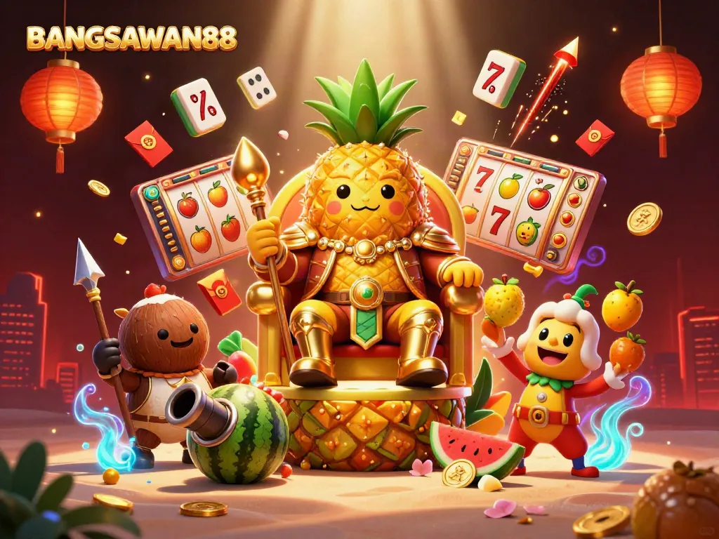 BANGSAWAN88 brings vibrant energy to online slots with a lively casino scene featuring golden pineapple king and colorful gaming elements.