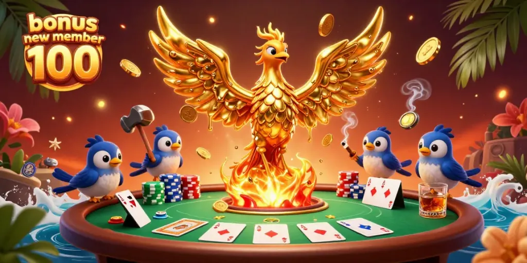 Engage with bonus new member 100 offers in a visually rich casino scene featuring a molten golden phoenix and poker elements.