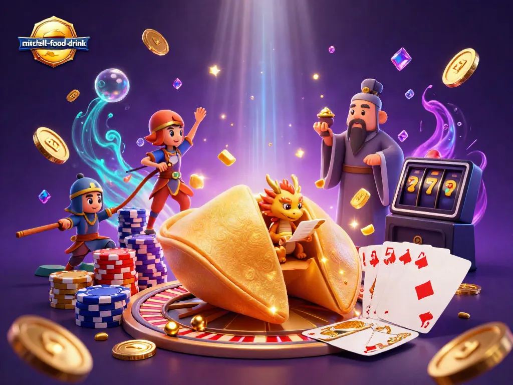 Experience thrilling wins with mitchell-food-drink in this vibrant casino illustration featuring slot games and gold coins.