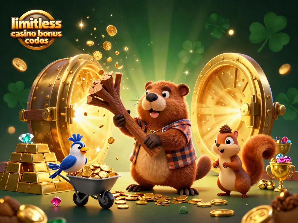 Experience limitless casino bonus codes with vibrant, golden treasures and cartoon beaver characters.