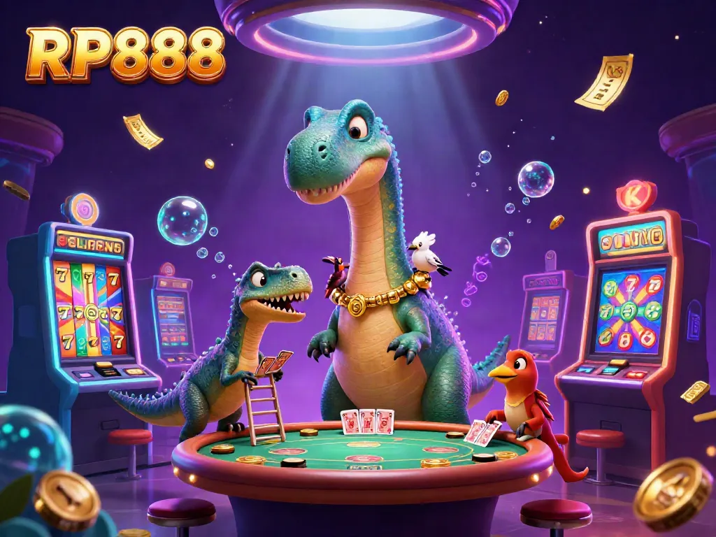 Experience RP888's thrilling gameplay with a vibrant casino scene featuring unique characters and dynamic slot elements.