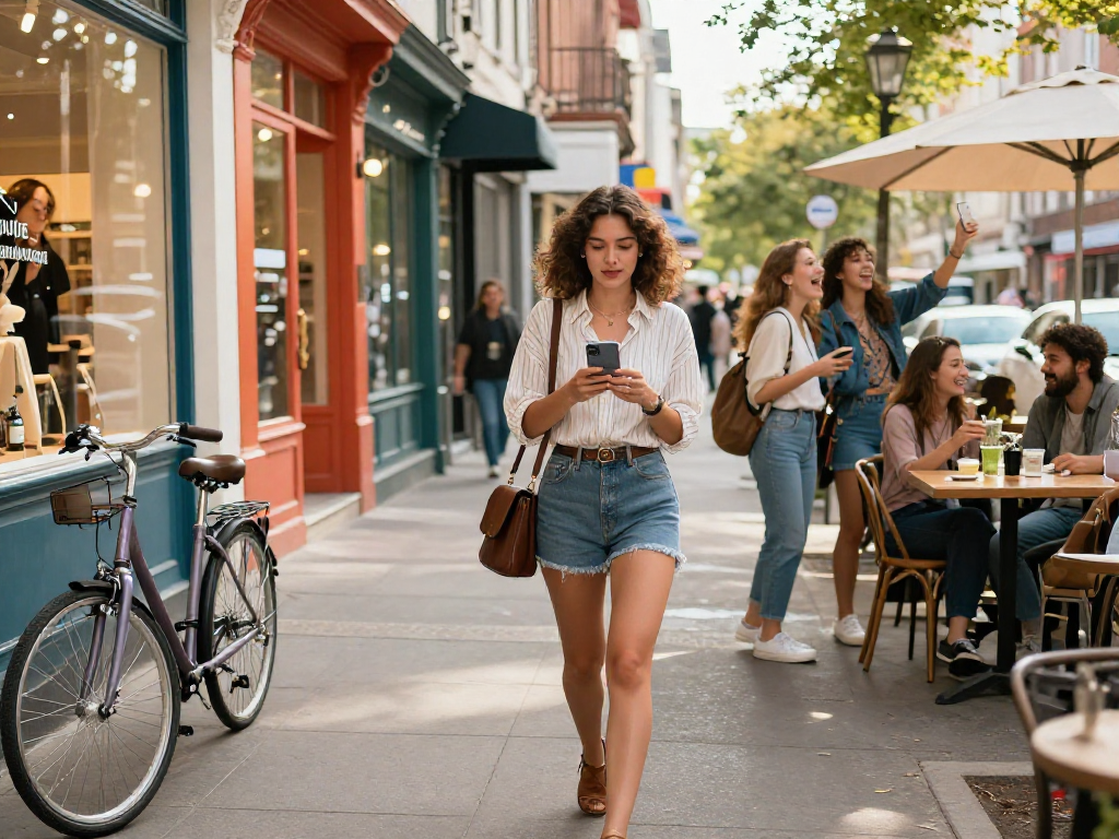 Gái gọi di chuyển qua phố sôi động, thể hiện phong cách thời trang hiện đại và tự tin.