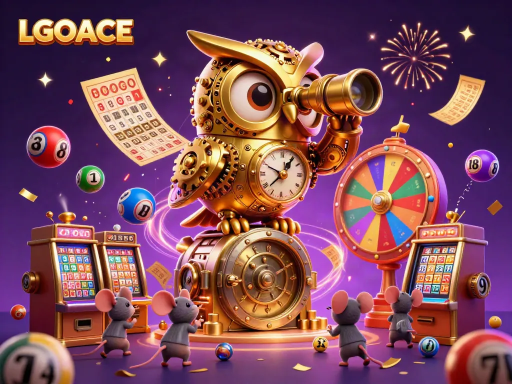 LGOACE features a whimsical golden owl, casino elements, and vibrant lottery balls, creating a magical gambling scene.