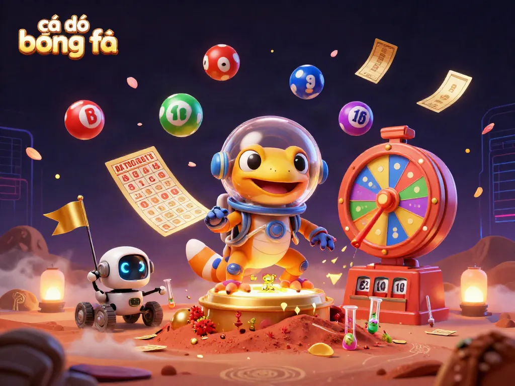 Immersive visual of cá độ bóng đá showcasing a Martian gecko and robot rover in a golden casino environment.