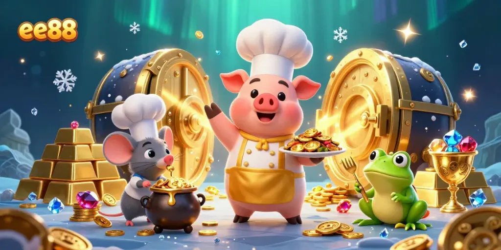 Experience thrilling jackpots at ee88 with colorful coins and vibrant casino elements in this lively illustration.