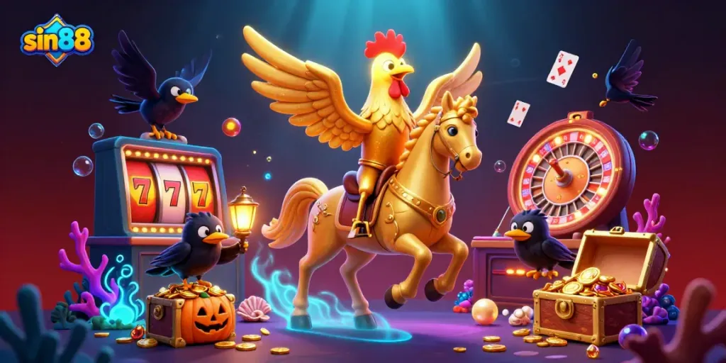 Experience the thrill of sin88 gaming with a vibrant casino scene featuring golden rooster characters amidst dazzling slot machines and treasures.