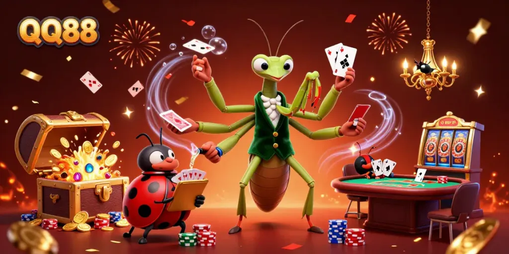 Experience QQ88 excitement with a 3D illustration showcasing a giant praying mantis card sharp, ladybug pit boss, and lively casino elements.