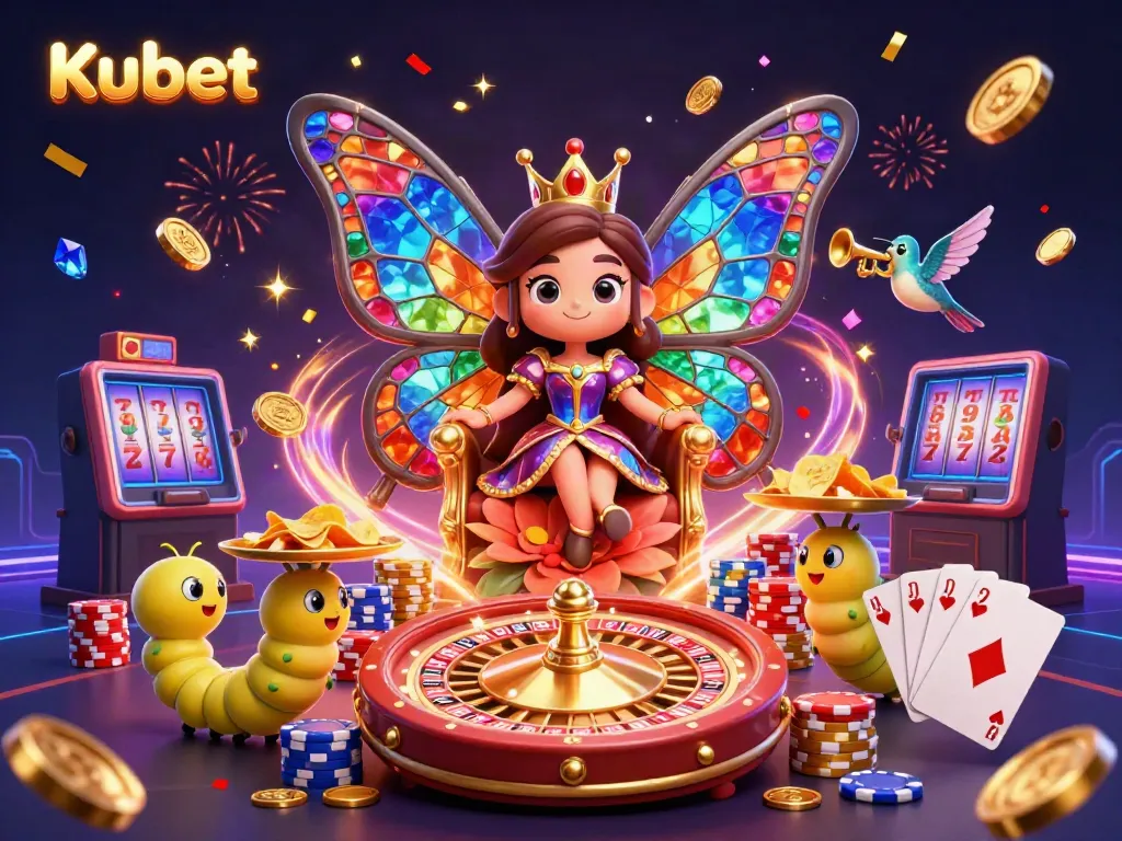 Kubet inspires winning with a vibrant 3D illustration of a butterfly queen and casino elements.