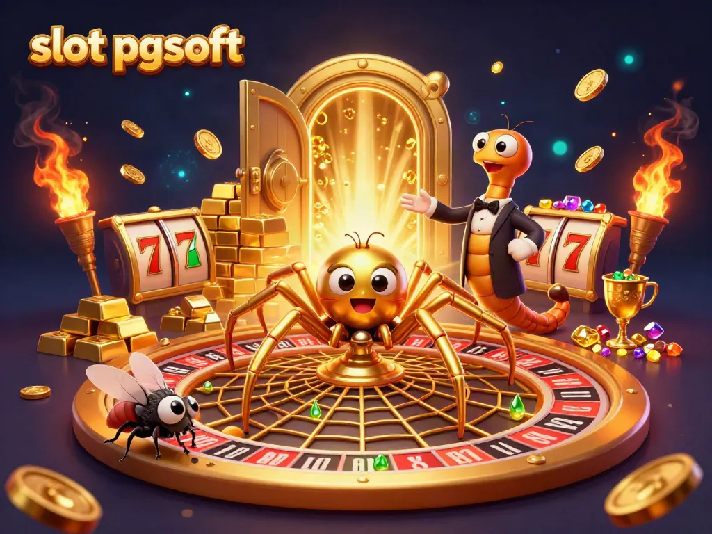 Experience thrill in slot pgsoft with an interactive scene featuring a golden spider, fly, and centipede in an engaging casino atmosphere.