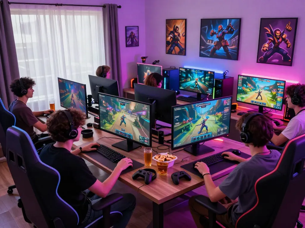 A vibrant gaming session featuring friends enjoying akunjp with interactive gear and ambient lighting.