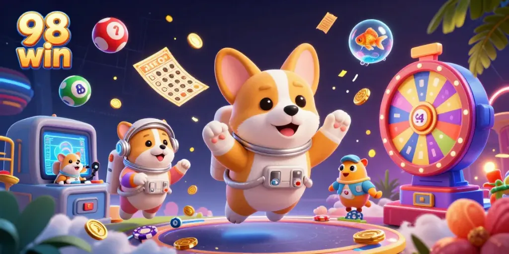 Experience winning moments with 98 win in a vibrant casino-themed illustration showcasing dynamic games and colorful elements.