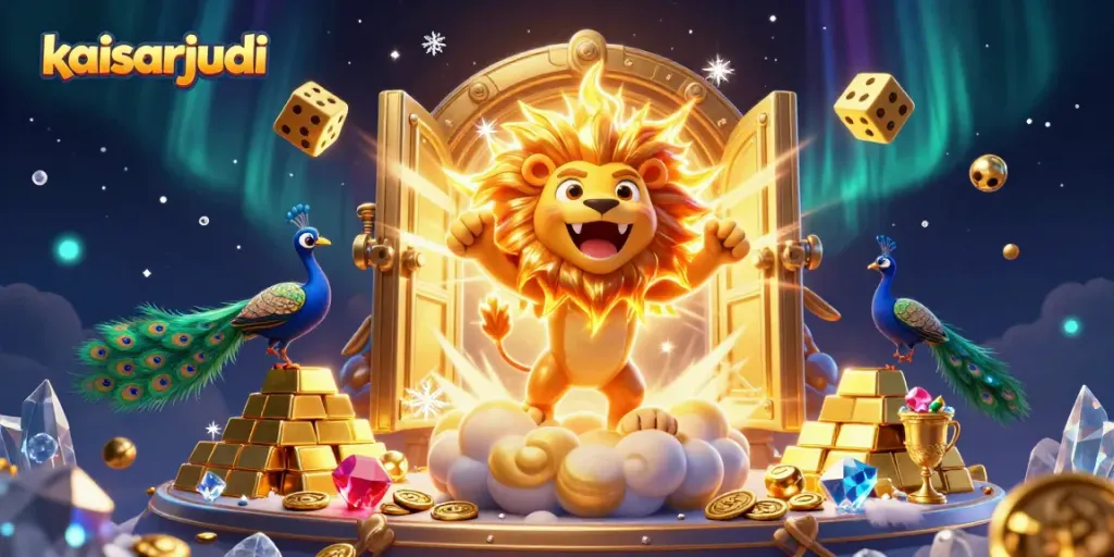 Kaisarjudi brings fortune alive with a vibrant casino scene featuring a sun lion and golden dice.