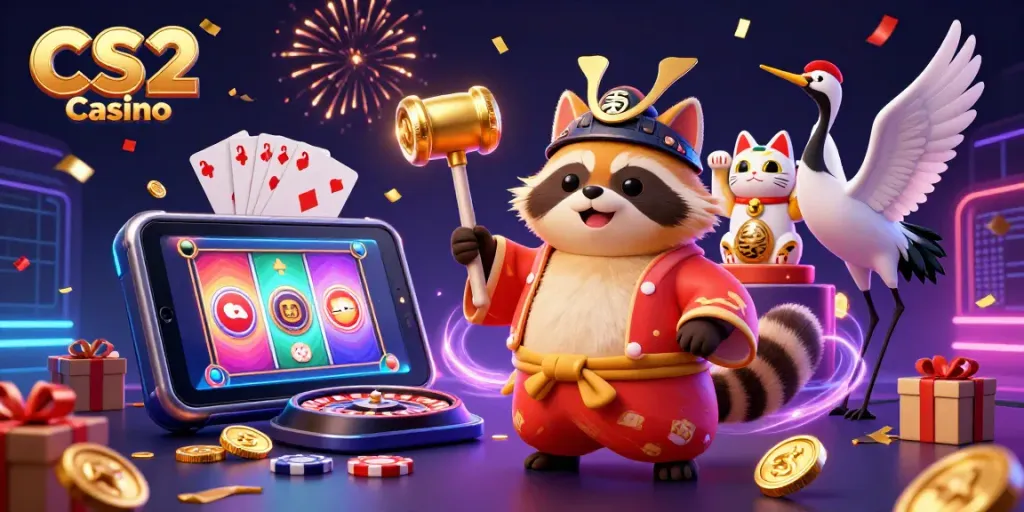 Engage with CS2 Casino through a vibrant scene with cheerful characters and exciting gaming elements.