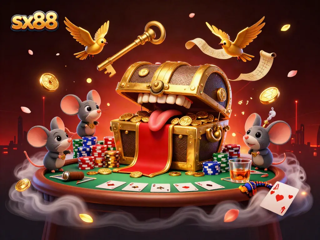 Experience the sx88 gaming action with a treasure chest and poker elements pulling in excitement.