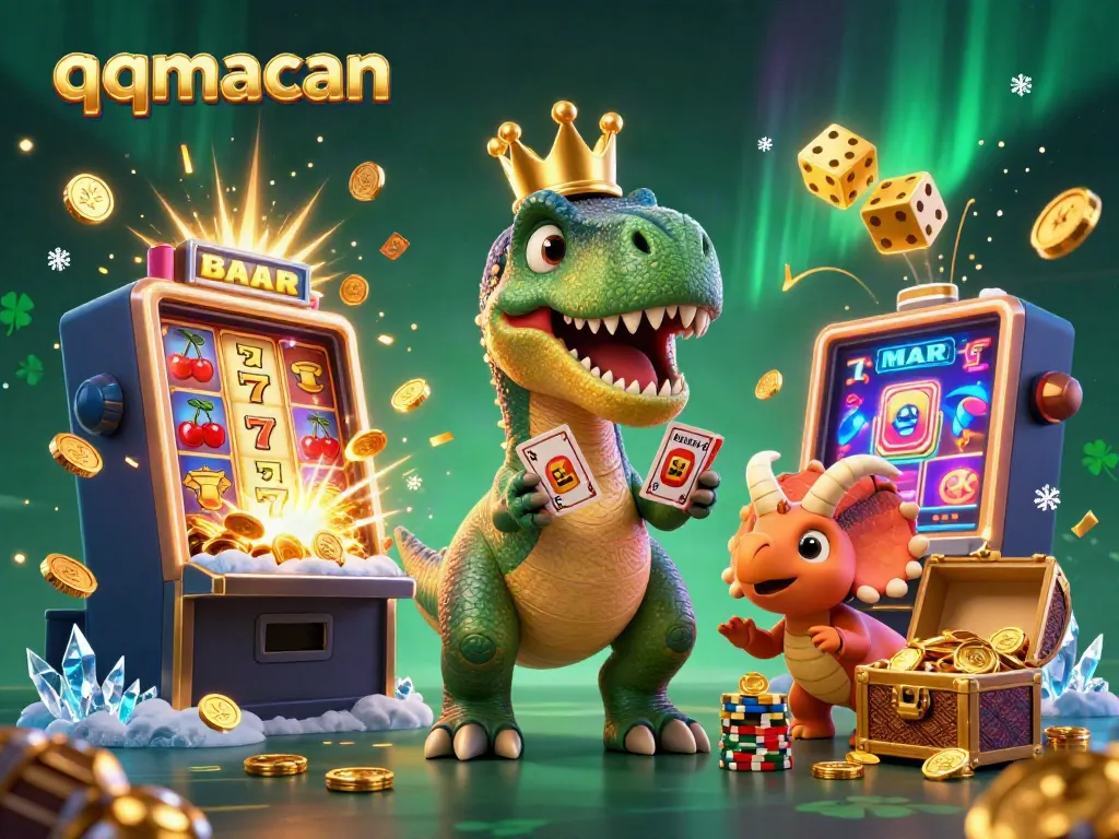Experience the excitement at QQMacan with a vibrant 3D casino scene showcasing playful characters and dynamic game elements.