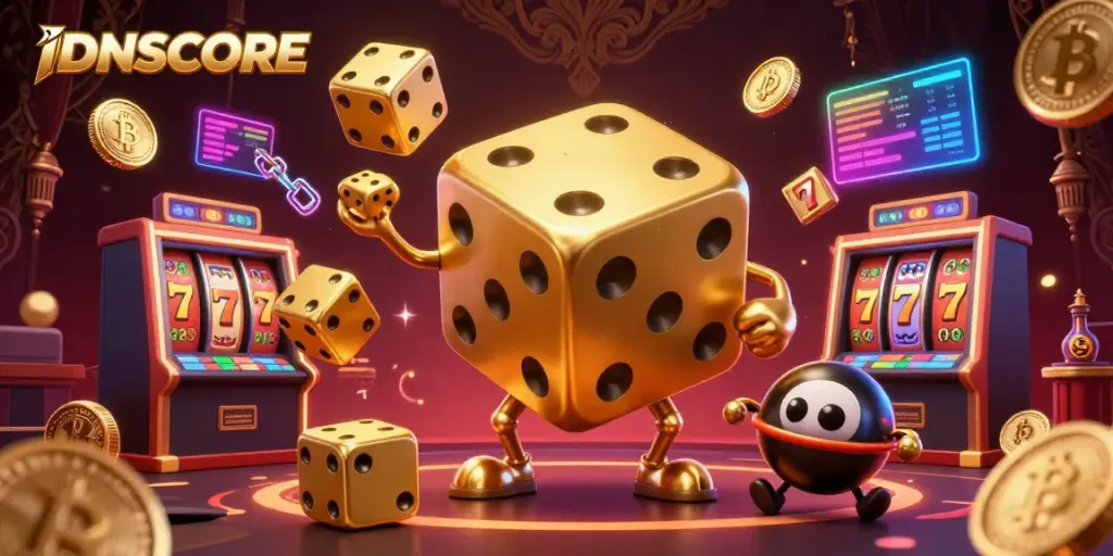 Experience the thrill of gaming at IDNSCORE with golden dice, roulette elements, and neon cryptocurrency.