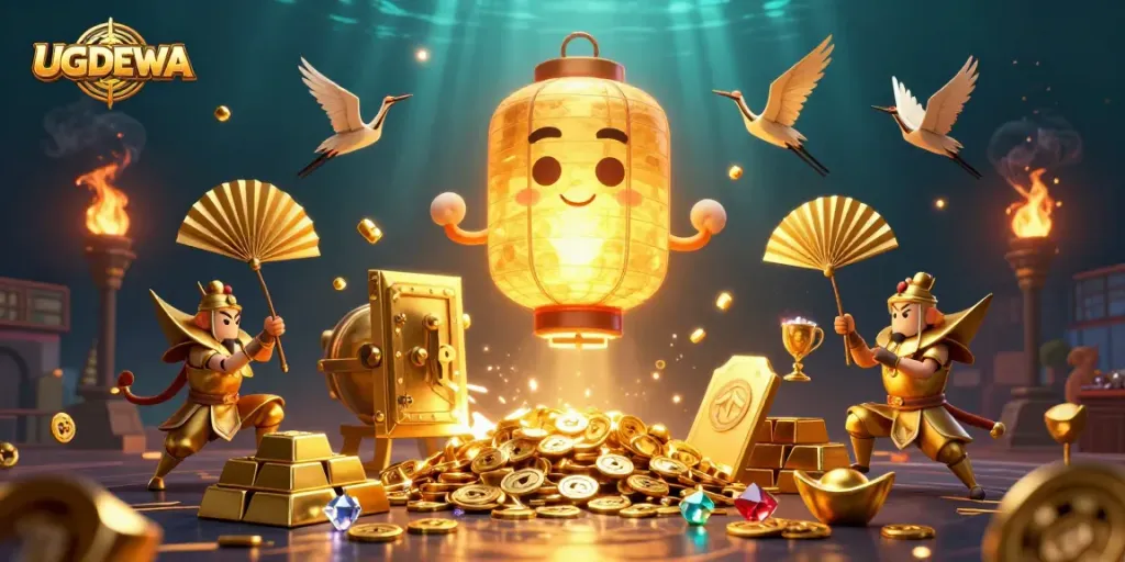Play exciting games at UGDEWA casino featuring glowing lantern spirits and golden treasures.