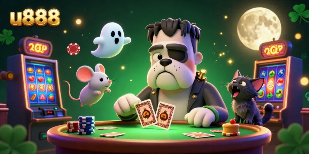 Experience u888's thrilling casino vibe with Frankenstein bulldog dealing cards amidst colorful slot machines.