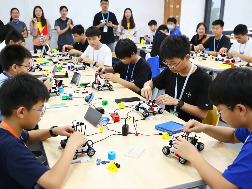 Peserta muda MERAHTOTO merakit dan memprogram robot dalam suasana kompetisi robotika yang penuh semangat.